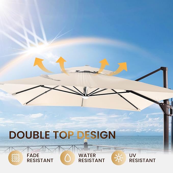 10 X 13 FT Cantilever Patio Umbrella with LED Lights Outdoor Heavy Duty Double Top Windproof Rectangle Offset Umbrellas with 360-degree Rotation for Pool Deck Backyard, Beige
