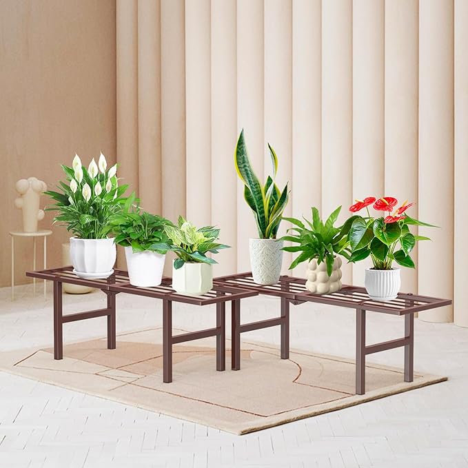 2 Pack Metal Plant Stand Outdoor Indoor, 1 Tier Folding Tiered Flower Plant Shelf, Heavy Duty Ladder Multiple Pot Display Plant Rack for Patio Garden Balcony Windowsills, Brown