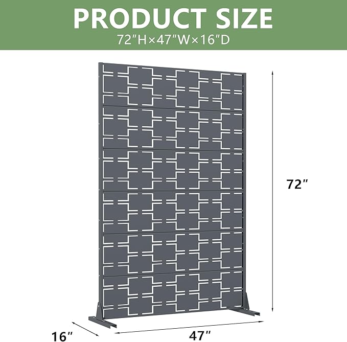 Casaphoria Metal Privacy Screen Outdoor, 72" H x 47" W Freestanding Decorative Privacy Screen for Patio Deck Balcony Garden with Stable Base, Darkgray-Square