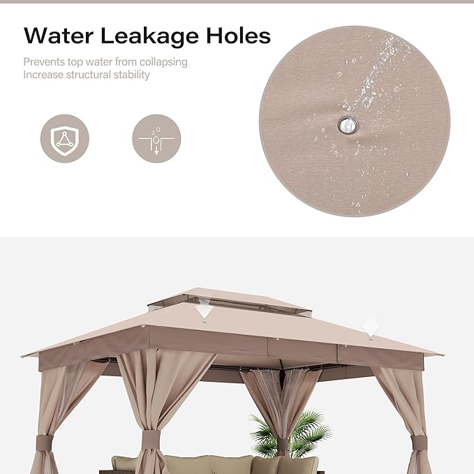 LAUSAINT HOME Semi-Permanent Outdoor Patio Gazebo 10'x13', Heavy Duty Party Tent Shelter with Double Roofs, Mosquito Nettings and Privacy Screens for Backyard, Garden, Lawn, Khaki