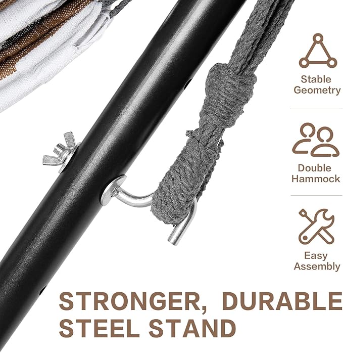 PNAEUT Double Hammocks with Stand for Outside, Portable Space Saving Heavy-Duty Steel Frame for Indoor Outdoor Patio Yard, Easy Assembly, 2 Person 450 lbs Capacity (Coffee)