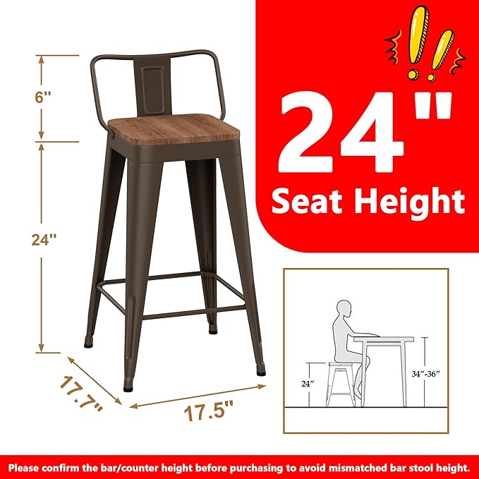 WENTMENT Industrial Rusty Bar Stools Set of 4, 24" Counter Height, Wooden Seat, Removable Back, Stackable