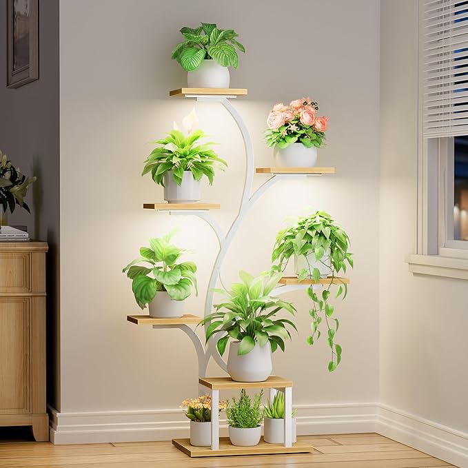 Plant Stand Indoor with Grow Lights, 7 Tiered Indoor Plant Shelf, 49" Corner Plant Stands for Indoor Plants, Metal Plant Flower Display Shelf, Tree-Shaped Plant Rack for Home, Patio, Natural