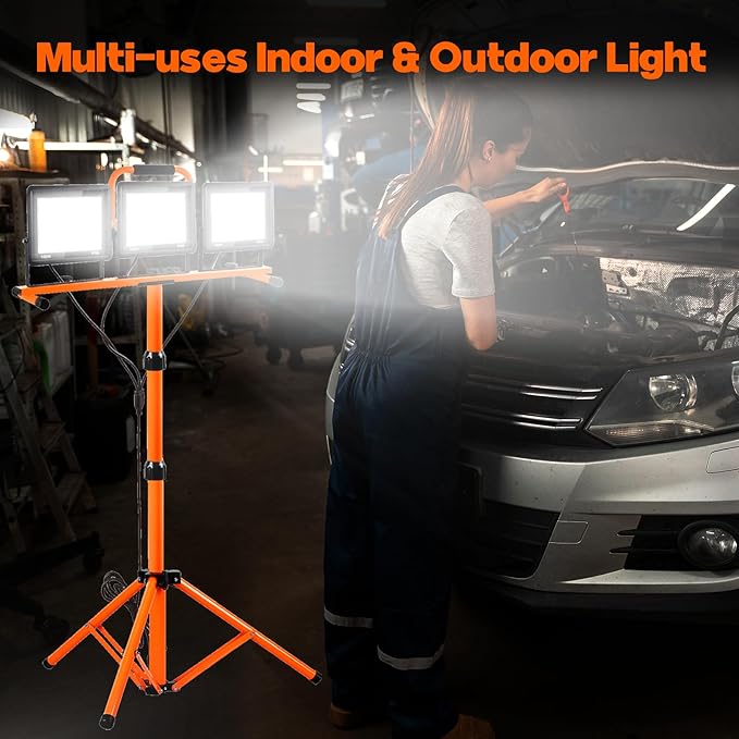 22000 Lumen Work Lights with Stand, 3 Head Portable LED Work Light, with Adjustable&Foldable Tripod Stand, IP66 Waterproof Lamp for Outdoor Indoor Job Site Workshop Garage Construction Site Lighting