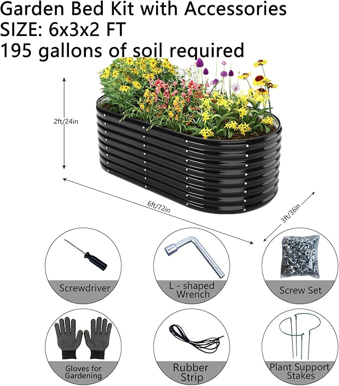 Garden Box Raised Flower Bed Galvanized Metal Planter Round Raised Garden Bed Kit for Gardening Outdoor 1PC Black 6X3X2FT