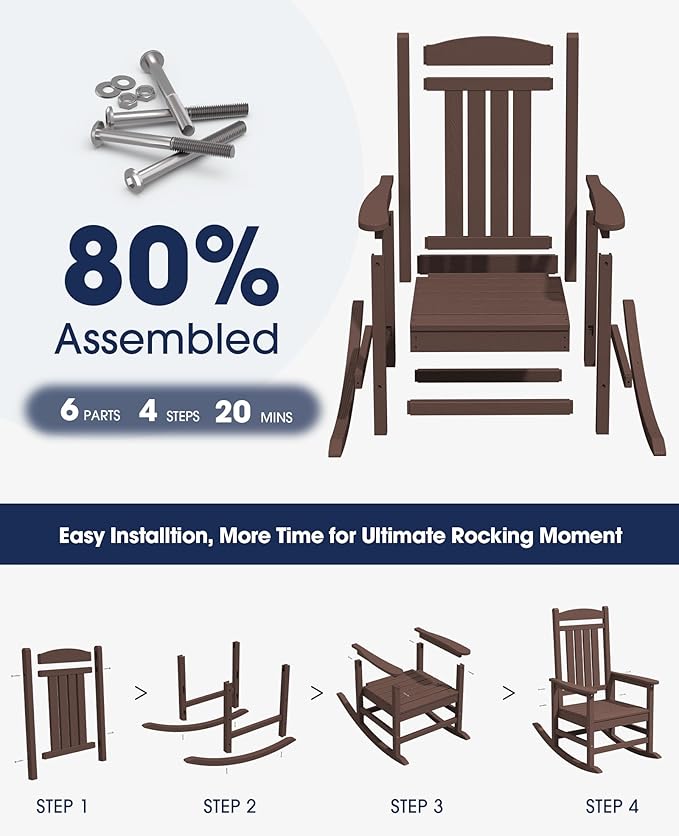 KINGYES Outdoor Rocking Chair Set 2, All Weather HDPE Patio Rocking Chairs for Adults, Coffee Brown