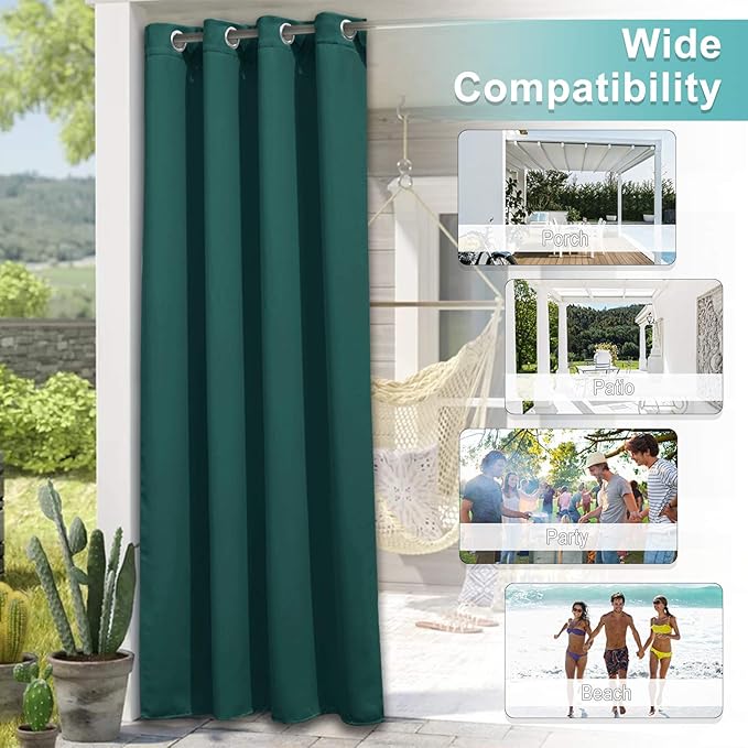 NICETOWN Outdoor Curtain Panel for Patio Waterproof, Stainless Steel Silver Grommet Thermal Insulated Blackout Outdoor Blinds Drape for Patio/Front Porch, W52 x L108, Hunter Green, 1 Panel