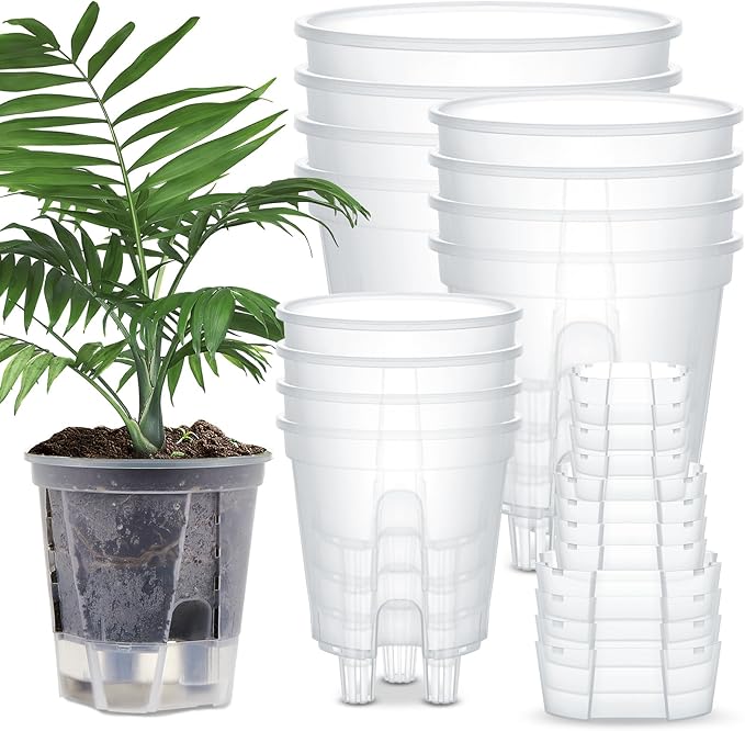 Self Watering Pots for Indoor Plants with Deep Reservoir and High Drainage Holes for Outdoor Plants and Flowers, Bare Root Planter(4.72'', 5.91'', 7.09'',Clear,12 Pcs)