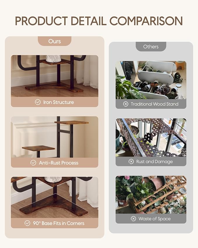 Corner Plant Stand Indoor - 6 Tiered Indoor Plant Stand Square Metal Plant Shelf, Plant Organizer for Living Room, Graden, Balcony, Home Decor (Brown)