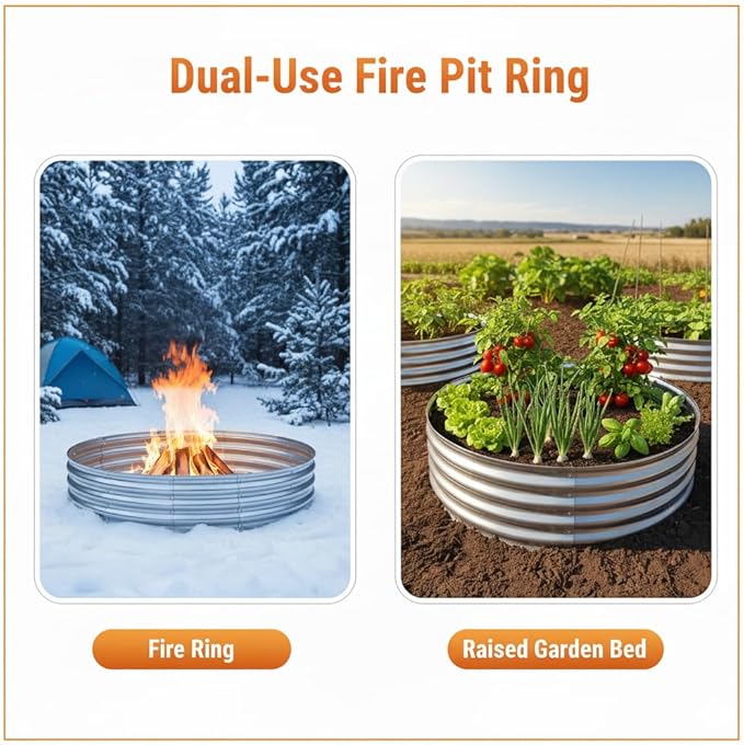 60 Inch Galvanized Steel Fire Pit Ring, 12 Inch Raised Heavy Duty Wood Burning Campfire Ring, Heat Resistant Outdoor Fireplace for Backyard, Patio & Camping