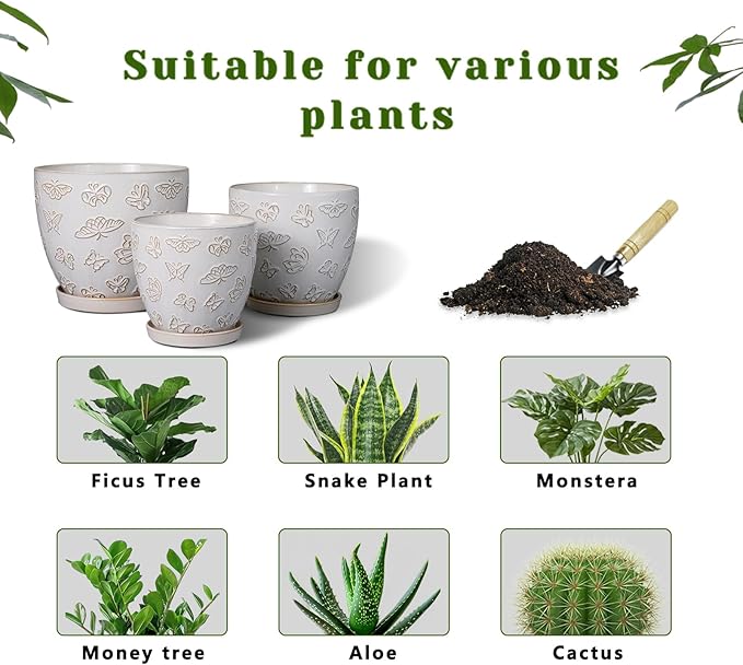 Ceramic Planter Pot - 6.8 Inch Plant Pot with Drainage Hole and Saucer, Succulent Round Flower Pot for Plants Indoor Outdoor, White