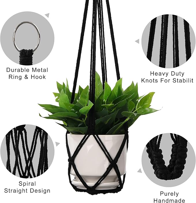 YIBOT Macrame Plant Hanger Indoor Set of 2 with 2 S Hooks, Indoor Outdoor Hanging Planter for Plants Holder with Decorative No Tassels, Boho Home Decor, 35 Inch, Black (Pots Not Included)