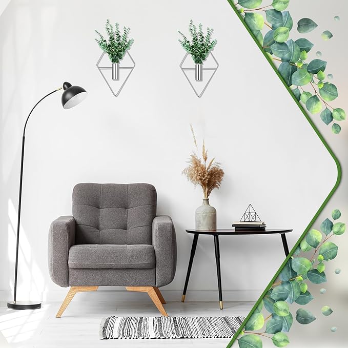 2 Pieces Wall Decor Hanging Planters with Artificial Plants Metal Hanging Vase Indoor Plants Holder Modern Boho Wall Art for Bathroom Bedroom Living Room Decor(Silver, Eucalyptus)