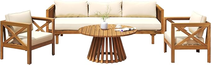 Merax Outdoor 4-Piece Acacia Wood Conversation Set - Patio 3-Seat Loveseat Sofa w/Coushion, 2 Armchair and Round Coffee Table for Backyard, Lawn, Balcony, Teak + Beige