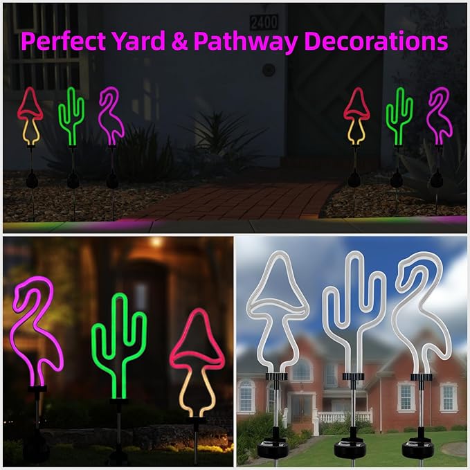 Flamingo Cactus and Mushroom Solar Garden Stake Lights Outdoor Waterproof Neon Lights Decoration,Outdoor Solar Pink Flamingos Lights for Outside,Yard,Pathways,Patio, Lawn or Landscaping Decor(3pcs)