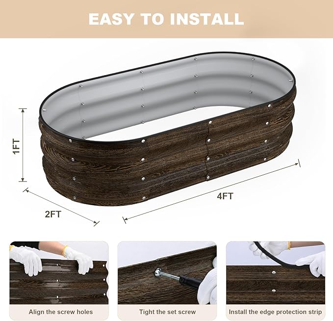 4x2x1FT Galvanized Raised Garden Beds,Raised Garden Bed with Safety Edging and Gloves,Oval Metal Planter Box for Gardening Vegetables Flowers Herb-Classic Walnut