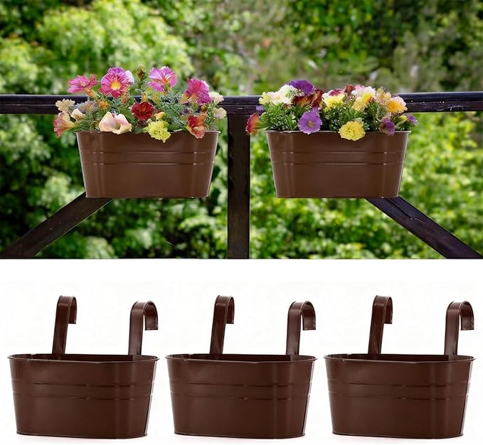 3 Pack Metal Railing Planters, 10.5" Oval Hanging Flower Pots with Detachable Hooks & Drainage Holes, Fits Rails up to 2.36", Galvanized Iron Fence Bucket for Balcony Garden Patio - Chocolate