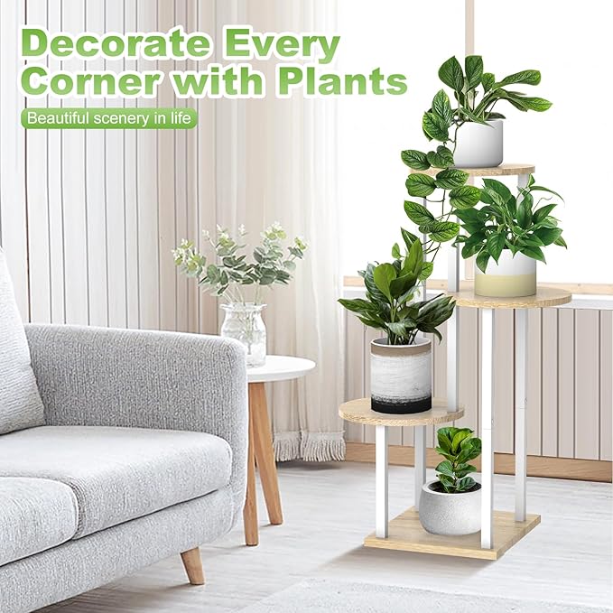 Plant Stand Indoor, 4 Tier Thickened Metal Corner Plant Shelf for Multiple Plants, Indoor Plants Tiered Flower Pot Stand for Patio Garden Balcony Living Room Bedroom (White Oak)