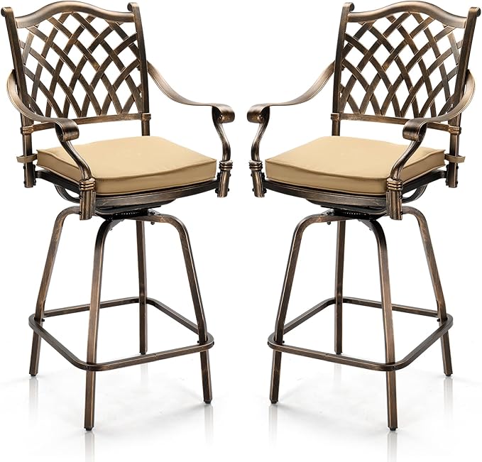 VINGLI Outdoor Swivel Bar Stools Set of 2, Cast Aluminum All-Weather Patio Bar Height Chairs, Patio Bar Dining Chairs Outdoor Swivel Patio Furniture (Grid Back)