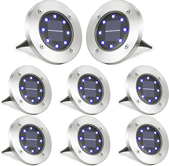 LYHOPE Solar Ground Lights Outdoor, 8 Pack 8 LED Solar Disk Lights Waterproof Garden In-ground Pathway Light Landscape Lighting for Lawn,Yard,Deck,Patio,Walkway (Blue)