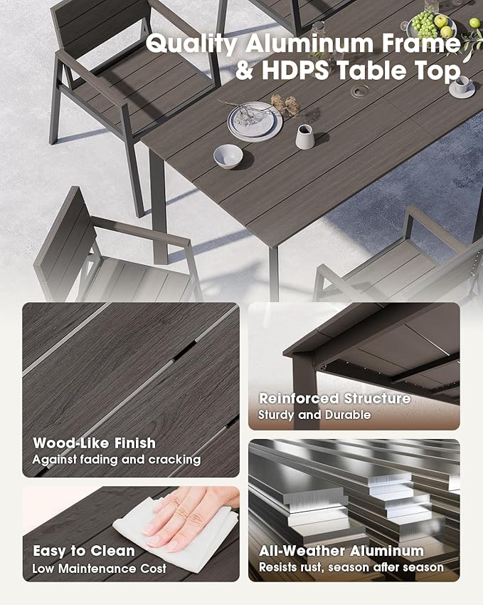 Outdoor Patio Dining Sets, Aluminum 5 Piece HDPS Outdoor Dining Table and Chairs Set with Umbrella Hole, Modern Rectangular Patio Furniture Set with All-Weather Table and 4 Chairs (Charcoal)