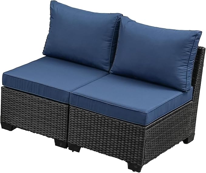 Jing's Villa 2 Piece Outdoor Wicker Armless Sofa, Patio Rattan Sectional Sofa Set with Thick Seat Cushions and 2 Back Cushions for Garden Patio, Backyard, Poolside Navy