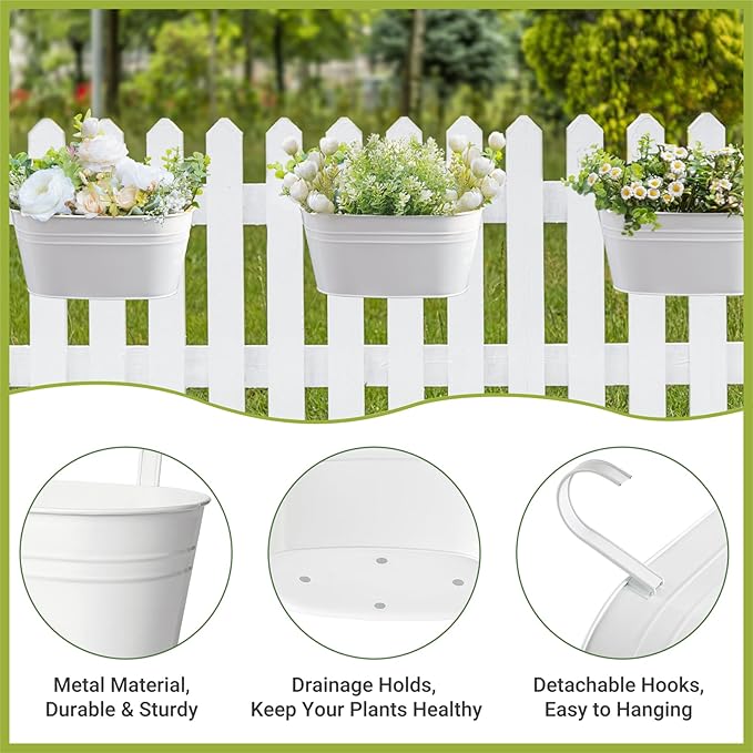Dahey 10.5 Inch Metal Iron Hanging Flower Pots for Railing Fence Hanging Bucket Pots Countryside Style Outdoor Planter Window Flower Plant Holder with Detachable Hooks Home Decor,White,4 Pcs