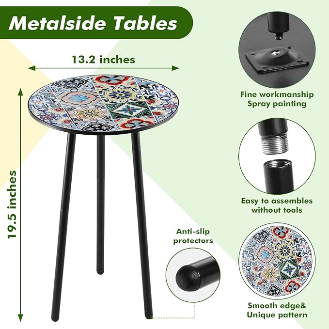 1 Pack Metal Outdoor Side Table Small Outside Round End Table for Patio Modern Accent Garden Corner Table for Small Spaces, Balcony, Porch, Weather-Resistant, Plant Stand Indoor, Mixed Mosaic