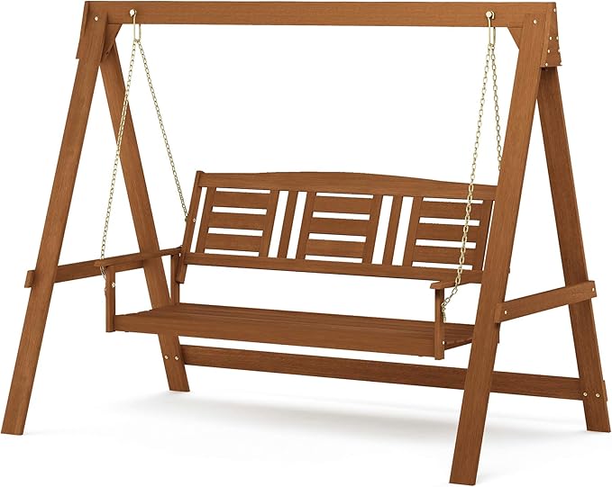Furinno Tioman Hardwood Patio / Garden / Outdoor Large Porch Swing, 3 Seater with Hanging Frame, Natural