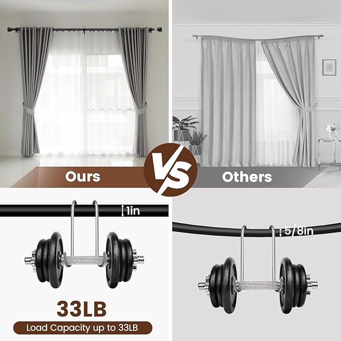 Matte Black Curtain Rod Itself is 30-144 inch 2 Pack, Fit 30 to 142, 66 to 120 inch Windows with 1 Inch Diameter Heavy Duty Adjustable Telescopic Rod, 1 Inch Diameter Splicing Extra Long