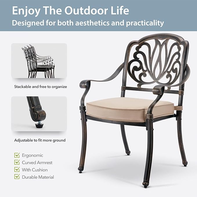 9-Piece Cast Aluminum Patio Furniture, Outdoor Dining Sets for 8 Include 87" Rectangular Patio Dining Table, 6 Stackable Chairs & 2 Swivel Chairs with Cushions & Umbrella Hole(Bronze)