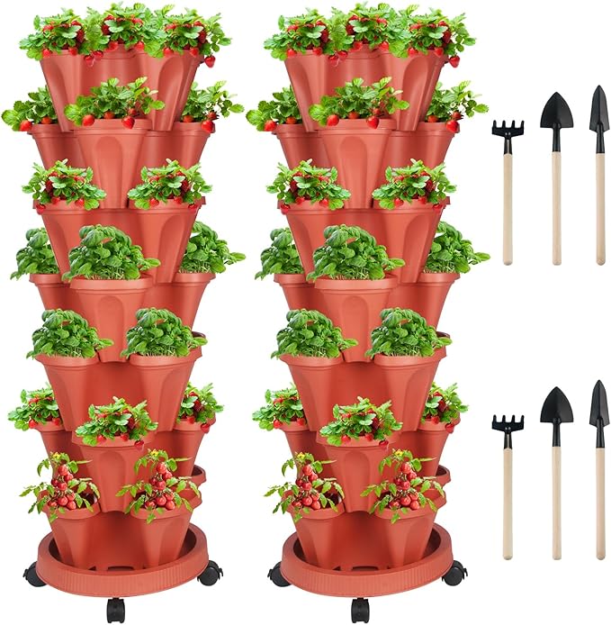 GameXcel Vertical Planter 7 Tier Stackable Planters Garden Planters Strawberry Herb Flower and Vegetable Planter Indoor Outdoor Gardening Pots with Removable Wheels and Tools 2-Pack