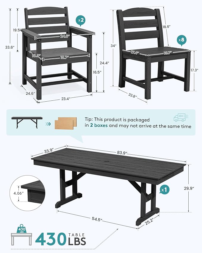 SERWALL 11 Piece Outdoor Dining Set, 84" HDPE Outdoor Table and Chairs for 10，All Weather Patio Furniture Set with Umbrella Hole for Backyard, Garden, Black