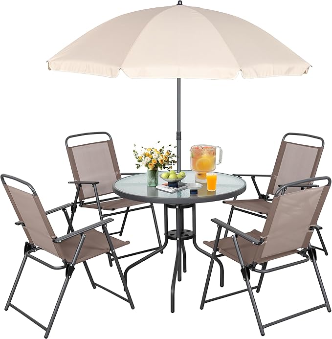 Vongrasig 6 Pieces Folding Patio Dining Set, All Weather Small Metal Outdoor Table and Chairs Set, Patio Furniture Set w/Umbrella, Glass Table & 4 Folding Chairs for Garden, Lawn, Backyard, Brown
