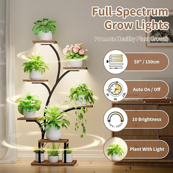 Plant Stand Indoor with Grow Lights, 7 Tiered Indoor Plant Shelf, 49" Corner Plant Stands for Indoor Plants, Metal Plant Flower Display Shelf, Tree-Shaped Plant Rack for Home, Patio, Brown
