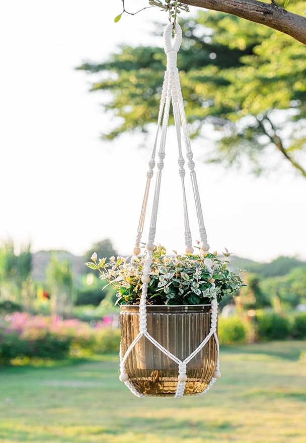 Melphoe Self Watering Hanging Planters for Indoor, 1 Pack 8.3 Inch Outdoor Hanging Plant Pot Basket, 2 Kinds of Plant Hangers Macrame 35.5’’ & Metal Chain 19.6’’ for Garden Home Decor
