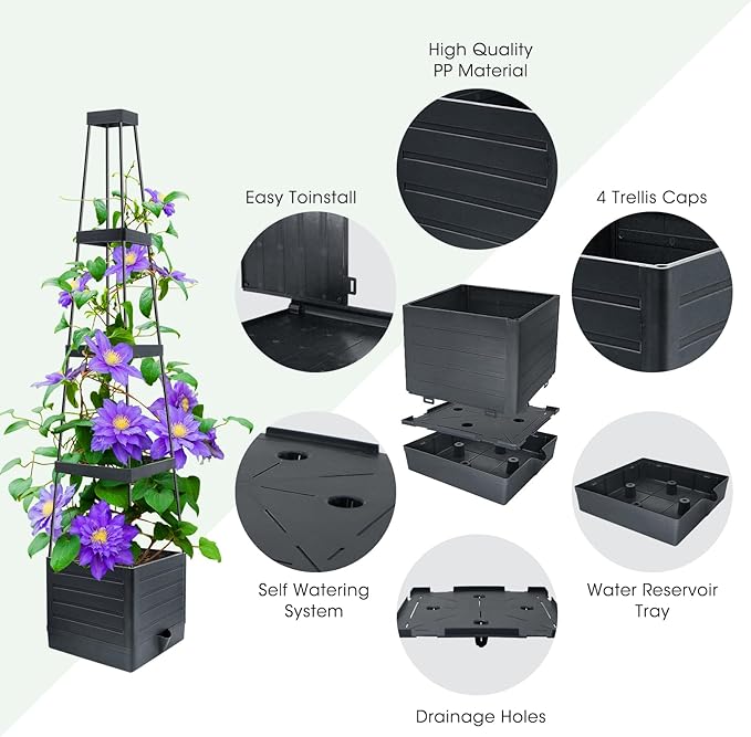 MQUPIN Tomato Planter Box with Trellis for Garden, 57 Inch Self-Watering Raised Garden Bed, Patio Tomato Cage for Climbing Vegetables & Flowers, Upgraded Tomato Pot for Indoor Outdoor Use (2 Pack)