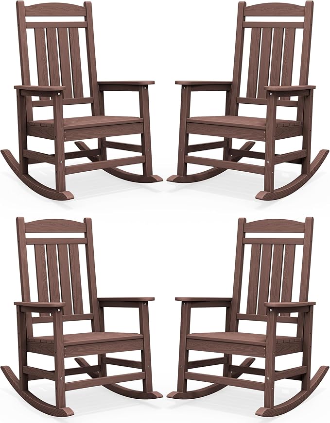 SERWALL HDPE Outdoor Rocking Chair Set of 4, Oversized Patio Rocking Chairs, All-Weather Porch Rockers for Adults, Coffee