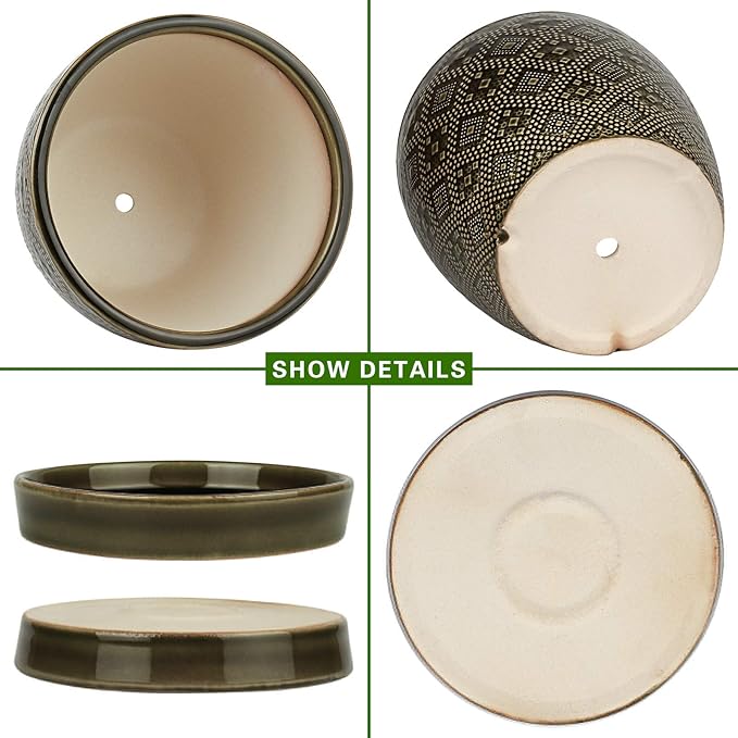 Docrin Dark Green Ceramic Planter Set - 6.6"+5.5" Indoor Outdoor Pots with Drainage Holes & Saucers for Home Office Decor