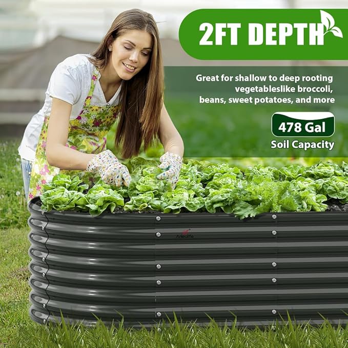 A ANLEOLIFE 2-Set 8X4X2 ft Galvanized Raised Garden Bed Kit, Oval Metal Deep Root Planters for Outdoor Plants, Quartz Grey