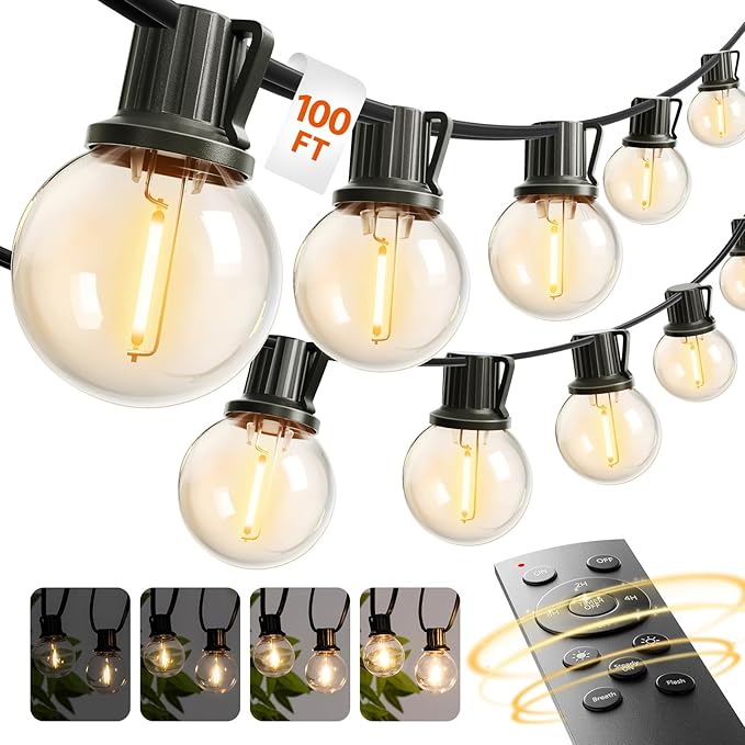 addlon 100FT Outdoor String Lights G40 with Remote, 54 LED Shatterproof Bulbs, Dimmable Patio Globe Lights Waterproof, Hanging Outside Lighting for Backyard, Garden, Deck, Balcony, Porch, Café, Decor