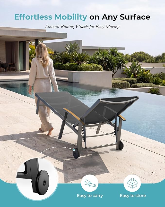 Ciokea Outdoor Lounge Chair with Pillow Set of 4, 5-Position Chaise Lounge with Wheels & Armrests, 400 lbs Heavy Duty Aluminum Pool Lounge Chairs, for Beach, Deck, Poolside & Backyard, Grey