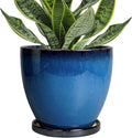 Ceramic Planters for Indoor Plants - 6.3 Inch Plant Pot with Drainage Hole and Saucer Round Modern Planter Home Garden Patio Decor Blue