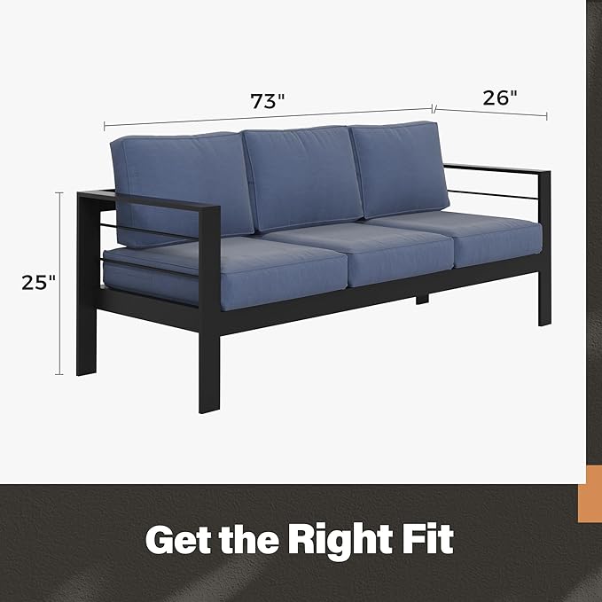Solaste Aluminum Outdoor Couch, 3-Seat Metal Outdoor Sofa with Water-Resistant Cushion, Weather-Resistant Modern Patio Sofa, Black Frame Blue Cushion