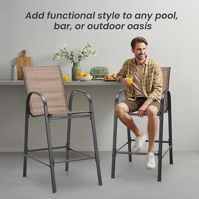HOMREST Outdoor Bar Height Stools Set of 8,High Back Patio Chairs with Armrests,Textilene Chairs with Breathable Fabric & Metal Frame for All Weather,Brown