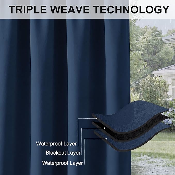 RYB HOME Outdoor Curtains for Patio Waterproof Block Sunlight Thermal Insulated Privacy Assured Thick Outside Curtains for Deck, Balcony, Pool, W52" x L63", Navy Blue, 1 Panel
