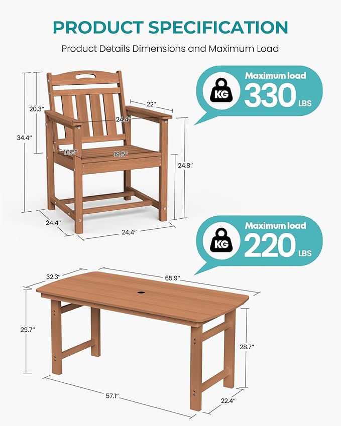 Outdoor Rectangle Dining Table, Heavy-Duty HDPE Table for 6, Weatherproof Patio Table with Umbrella Hole, Rounded Corners for Safety, Teak
