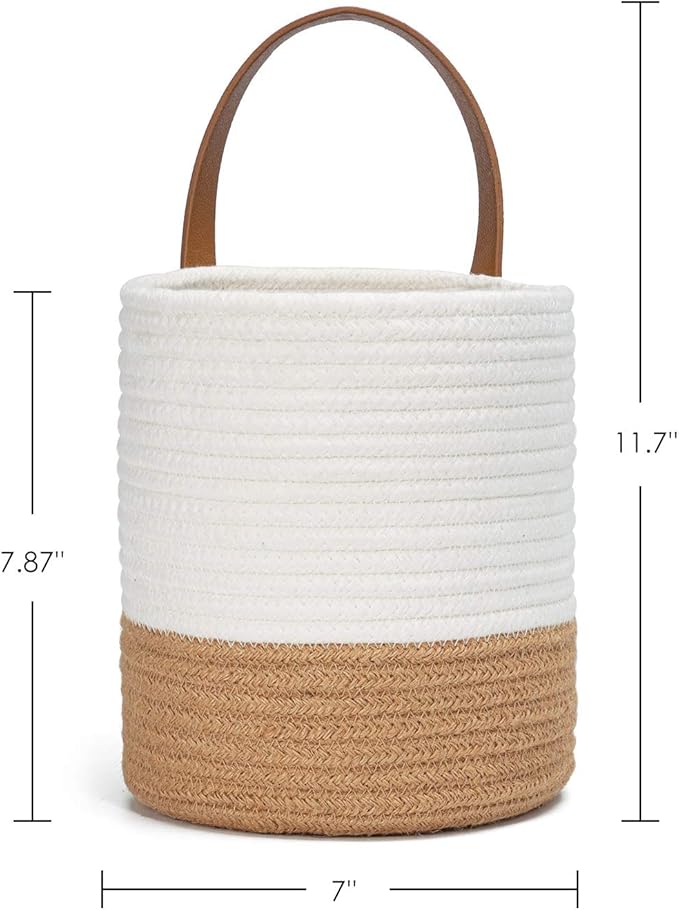 Goodpick 2pack Jute Rope Hanging Basket - Small Woven Fern Wall Hanging Baskets Flower Plants, Woven Basket Key Storage Baskets, White and Jute 7.87 x 7 x 11.7 inches