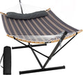 SUNCREAT Hammocks for Outside with Stand Included, Double Hammock with Curved Spreader Bar, Carrying Bag, Gray Stripes