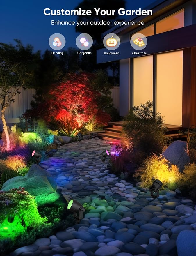 APPECK Landscape Lighting, RGBW Color Changing Low Voltage Landscape Lights with APP Control, IP65 Waterproof Outdoor Spotlights for Garden Yard Outside Decoration, 6 Pack